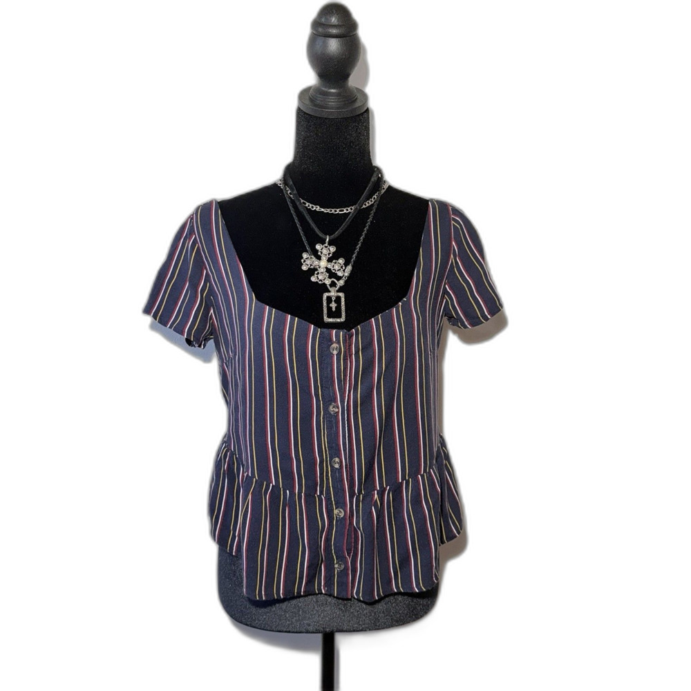 Cuidado Con El Perro Navy Striped Button Down Multicolored Cropped Top Size M